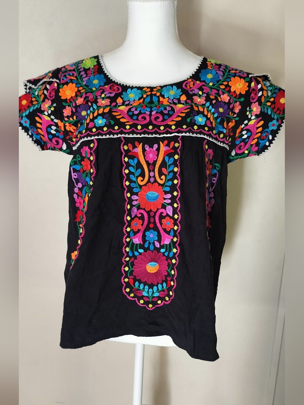 Black Embroidered Floral Peasant Blouse